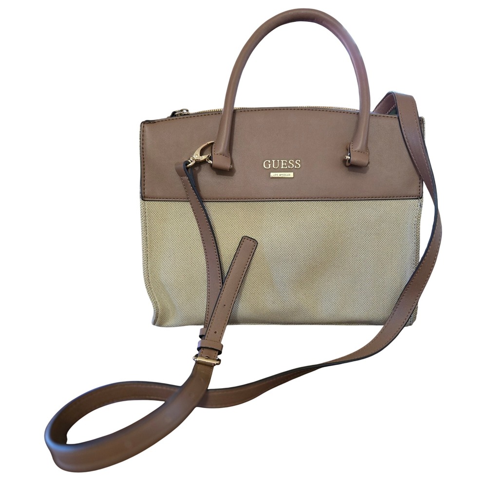 Guess Classic Chic Two Tone Canvas Faux Leather Satchel Crossbody Bag Brown Tan